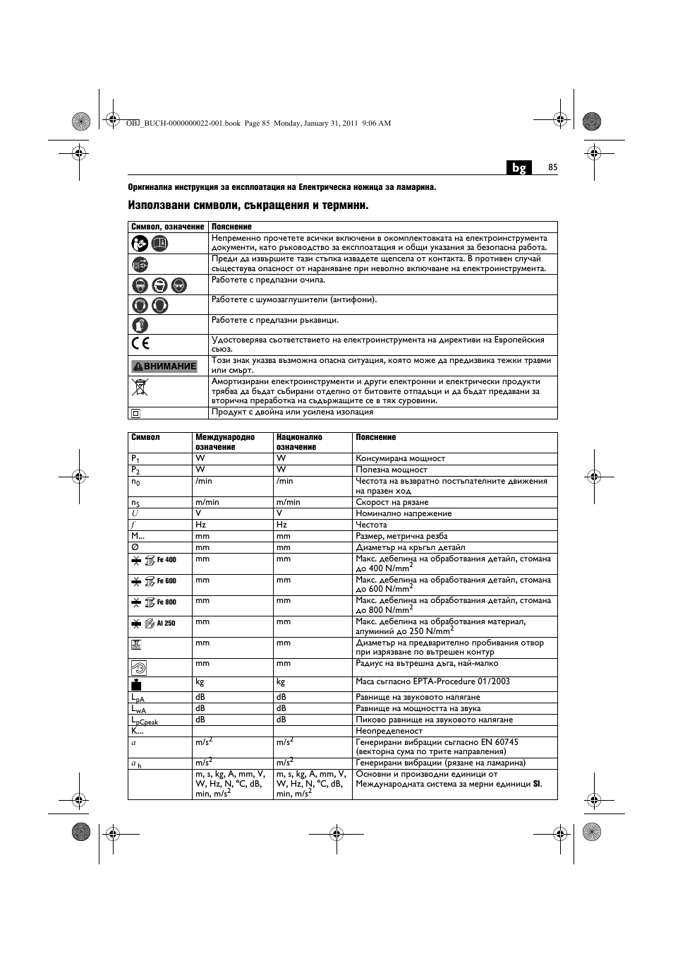 Използвани символи, съкращения и термини | Fein BLK5.0 User Manual | Page 85 / 118