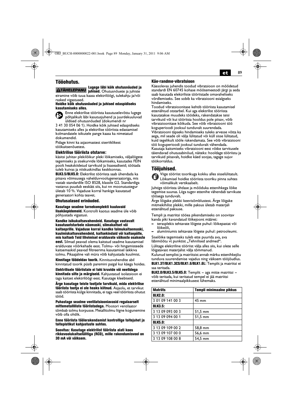 Et tööohutus, Tööjuhised | Fein BLK5.0 User Manual | Page 89 / 118
