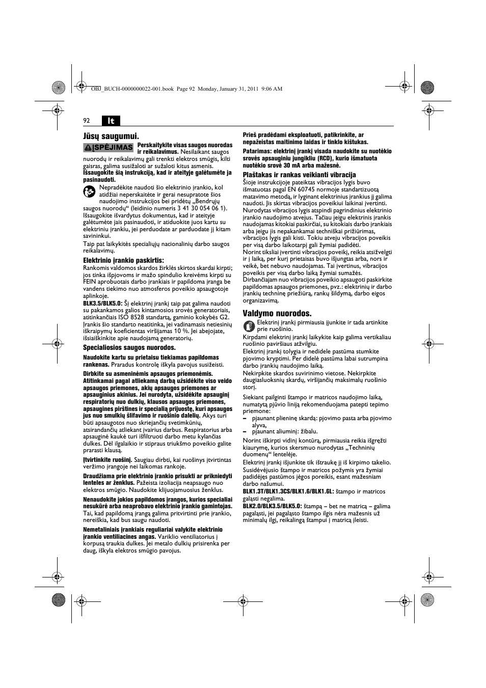 Lt jūsų saugumui, Valdymo nuorodos | Fein BLK5.0 User Manual | Page 92 / 118