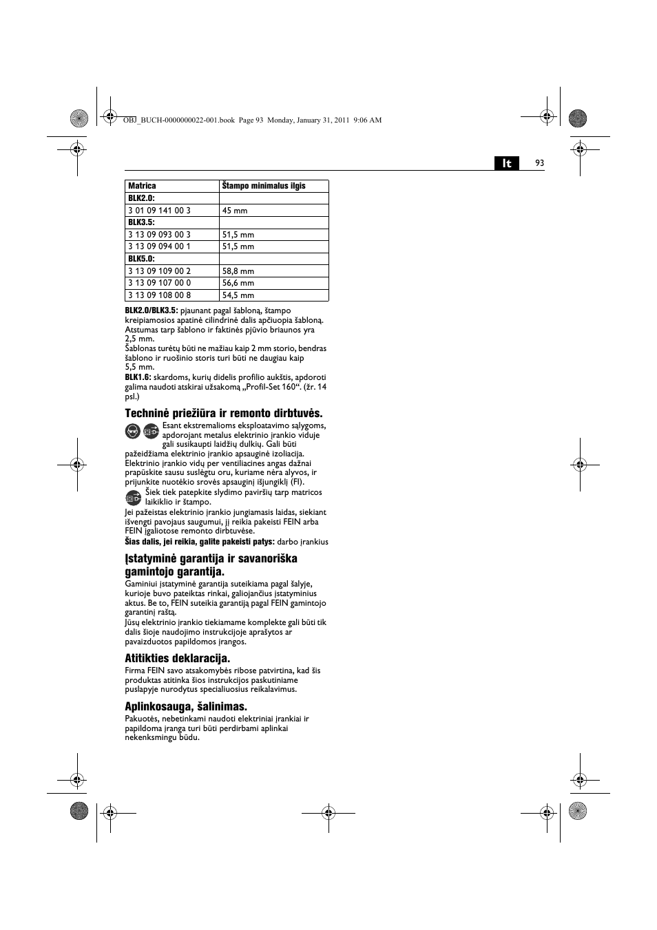 Techninė priežiūra ir remonto dirbtuvės, Atitikties deklaracija, Aplinkosauga, šalinimas | Fein BLK5.0 User Manual | Page 93 / 118