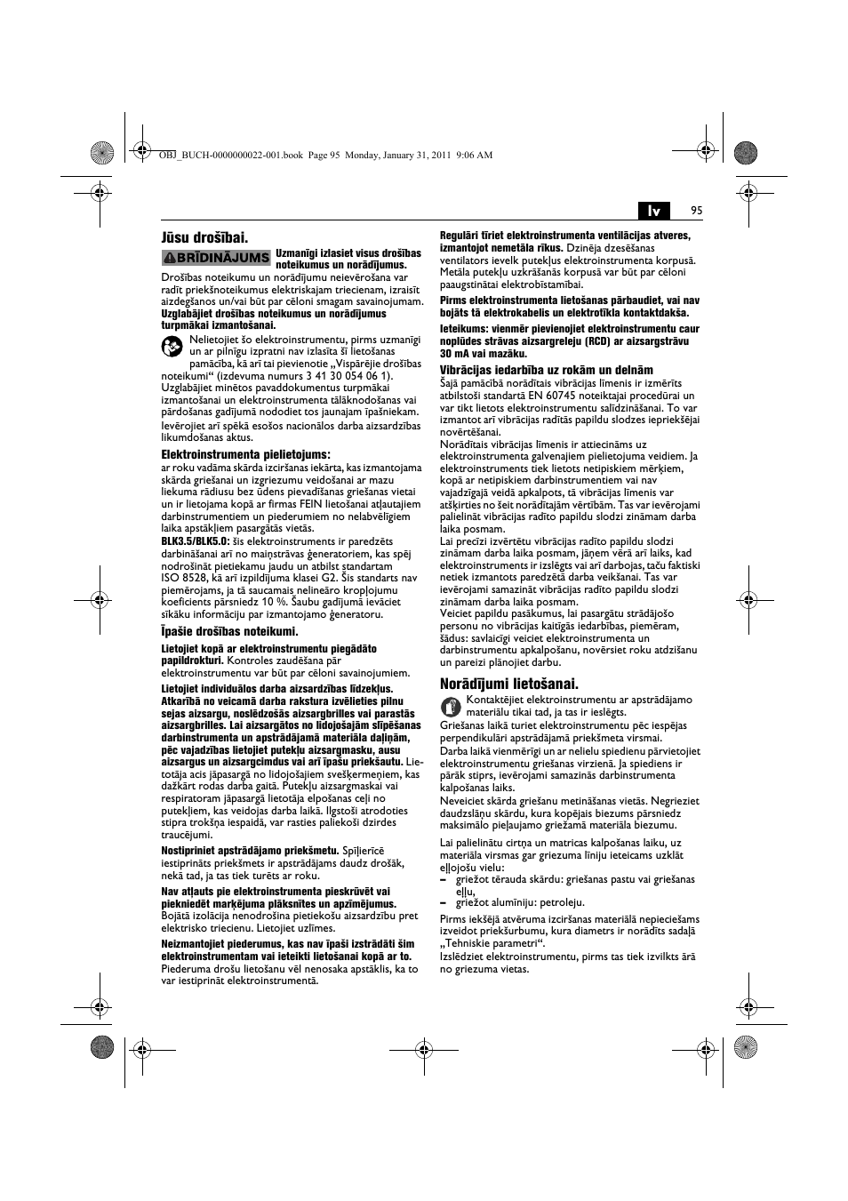 Lv jūsu drošībai, Norādījumi lietošanai | Fein BLK5.0 User Manual | Page 95 / 118