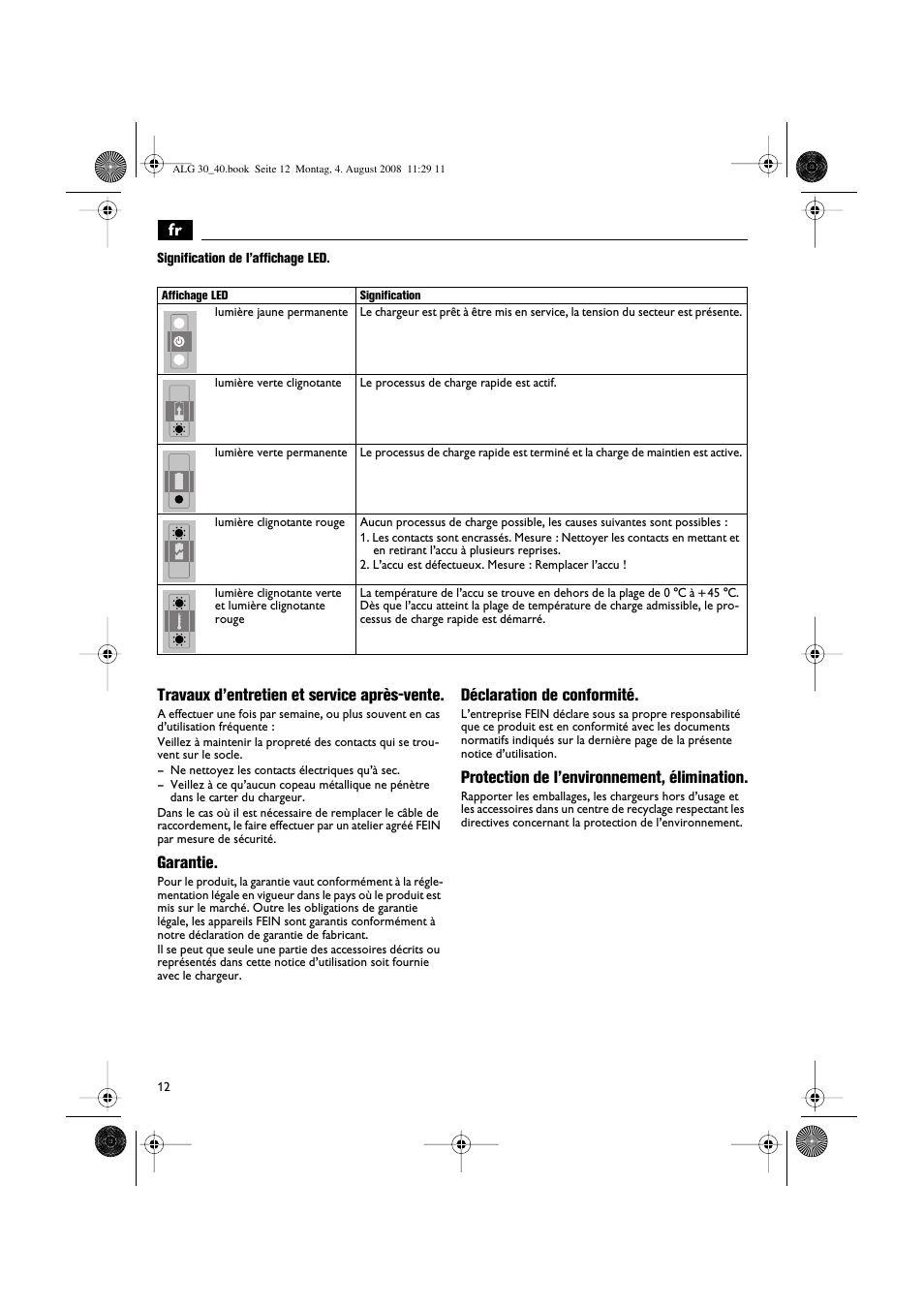 Travaux d’entretien et service après-vente, Garantie, Déclaration de conformité | Protection de l’environnement, élimination | Fein AFSC 18 аккумулятор User Manual | Page 12 / 63