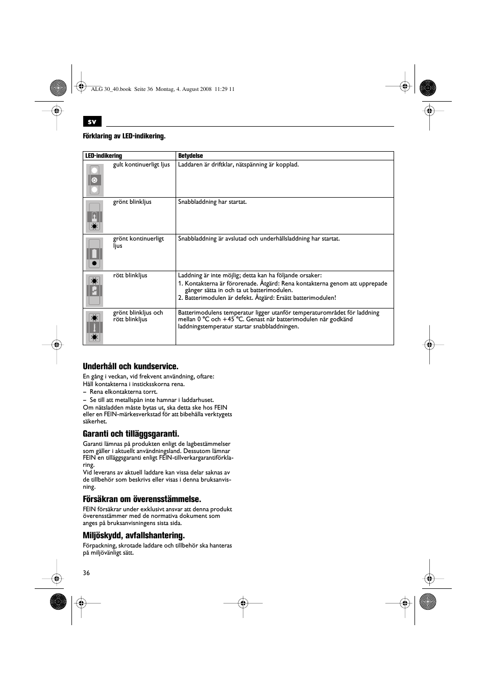 Underhåll och kundservice, Garanti och tilläggsgaranti, Försäkran om överensstämmelse | Miljöskydd, avfallshantering | Fein AFSC 18 аккумулятор User Manual | Page 36 / 63