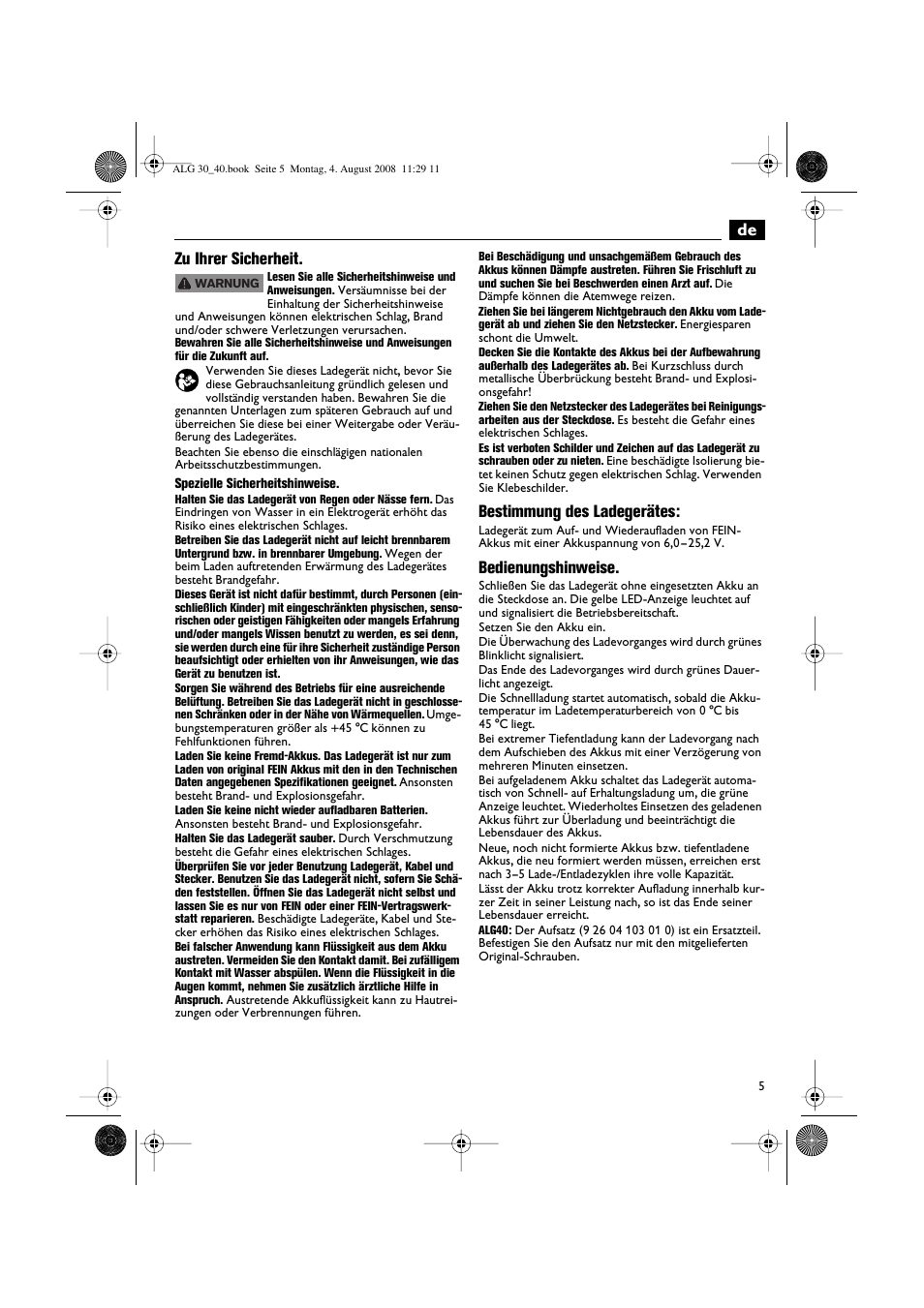 De zu ihrer sicherheit, Bestimmung des ladegerätes, Bedienungshinweise | Fein AFSC 18 аккумулятор User Manual | Page 5 / 63