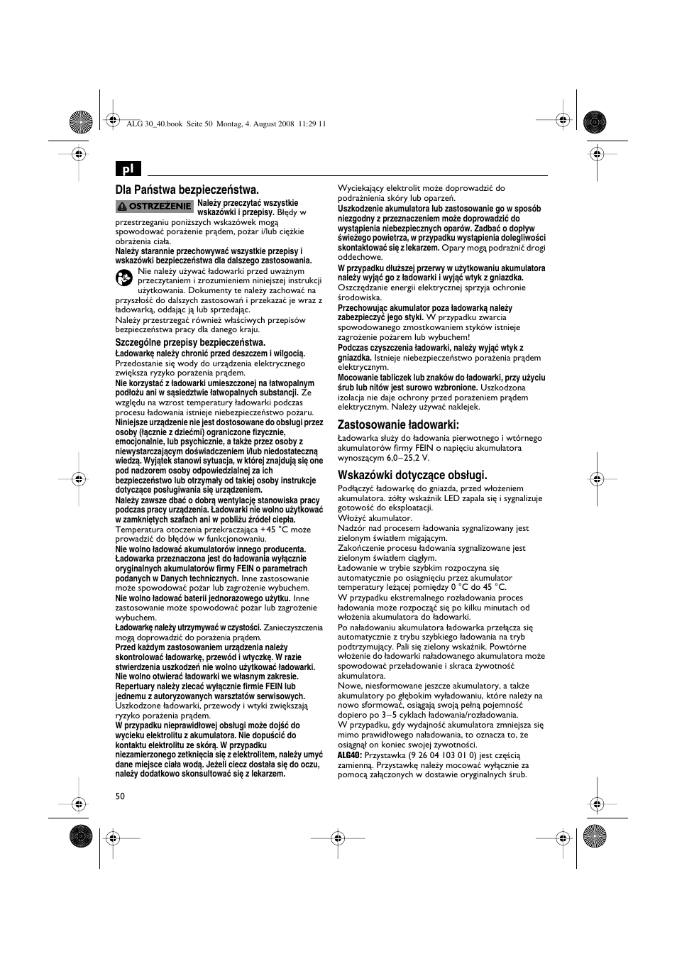 Pl dla paƒstwa bezpieczeƒstwa, Zastosowanie ∏adowarki, Wskazówki dotyczàce obs∏ugi | Fein AFSC 18 аккумулятор User Manual | Page 50 / 63