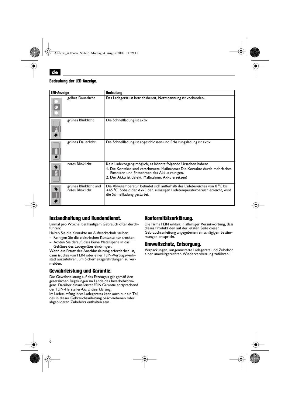 Instandhaltung und kundendienst, Gewährleistung und garantie, Konformitätserklärung | Umweltschutz, entsorgung | Fein AFSC 18 аккумулятор User Manual | Page 6 / 63