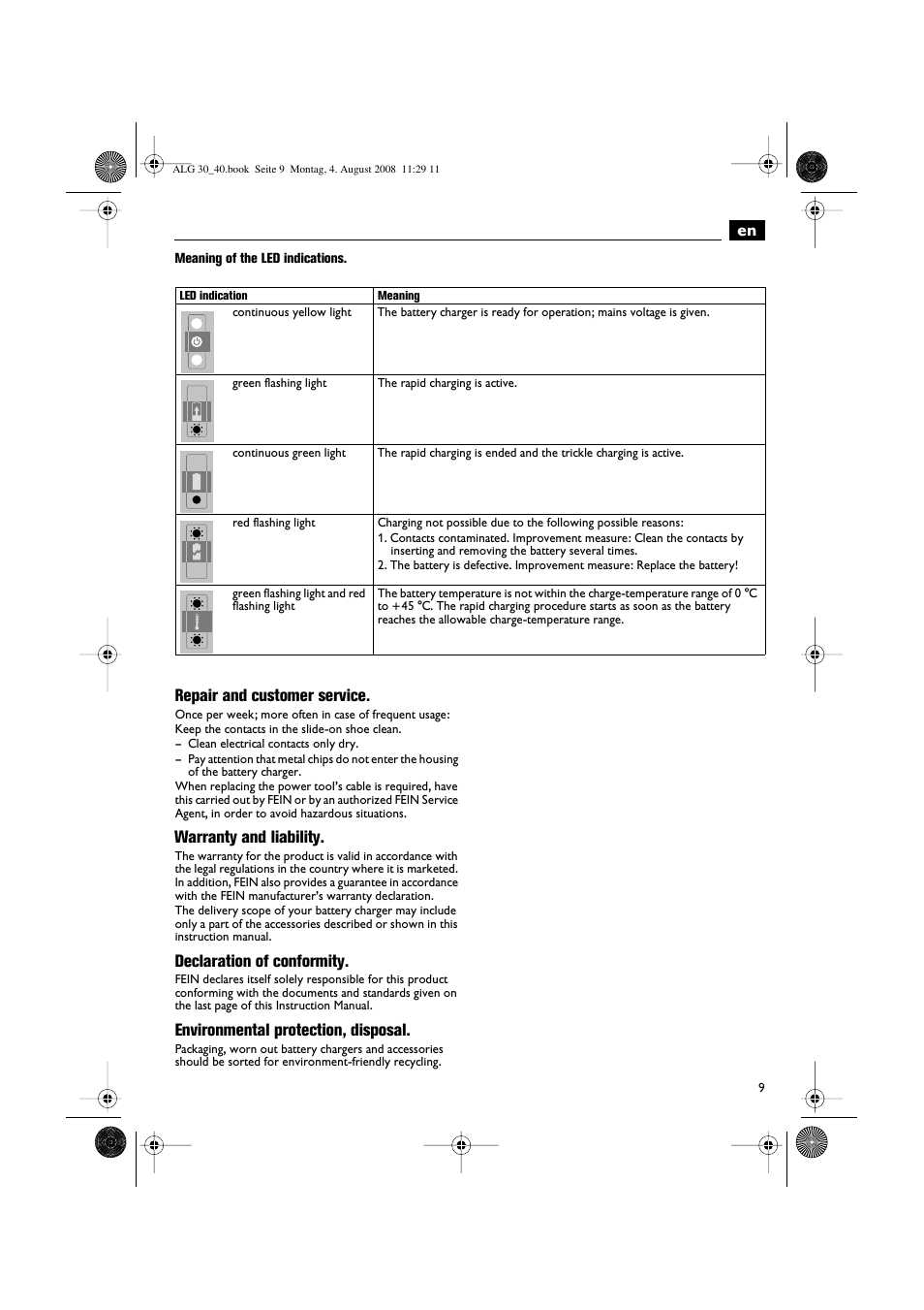 Repair and customer service, Warranty and liability, Declaration of conformity | Environmental protection, disposal | Fein AFSC 18 аккумулятор User Manual | Page 9 / 63