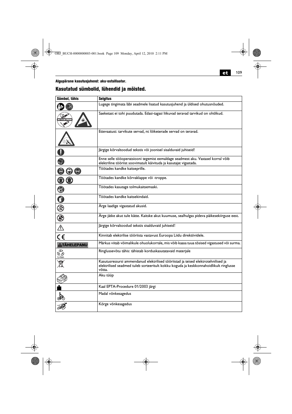 Kasutatud sümbolid, lühendid ja mõisted | Fein AFSC 18 User Manual | Page 109 / 148