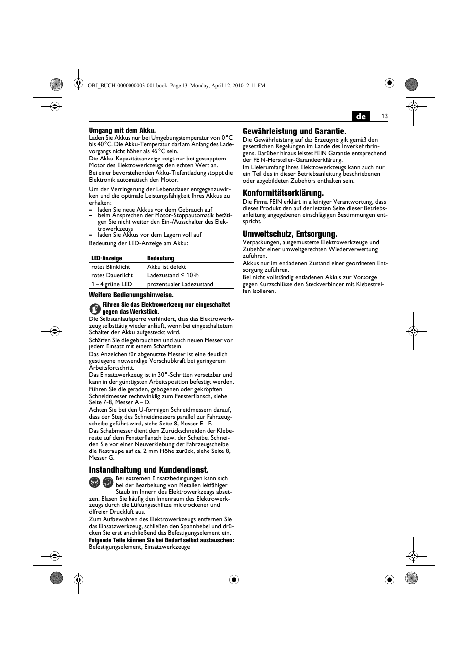 Instandhaltung und kundendienst, Gewährleistung und garantie, Konformitätserklärung | Umweltschutz, entsorgung | Fein AFSC 18 User Manual | Page 13 / 148