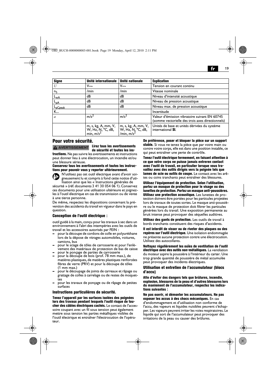 Fr pour votre sécurité | Fein AFSC 18 User Manual | Page 19 / 148