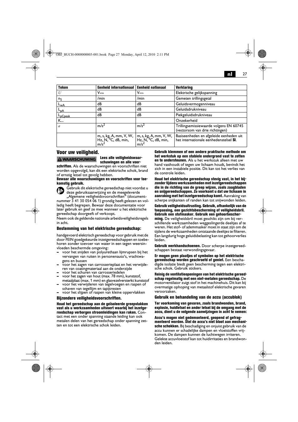 Nl voor uw veiligheid | Fein AFSC 18 User Manual | Page 27 / 148