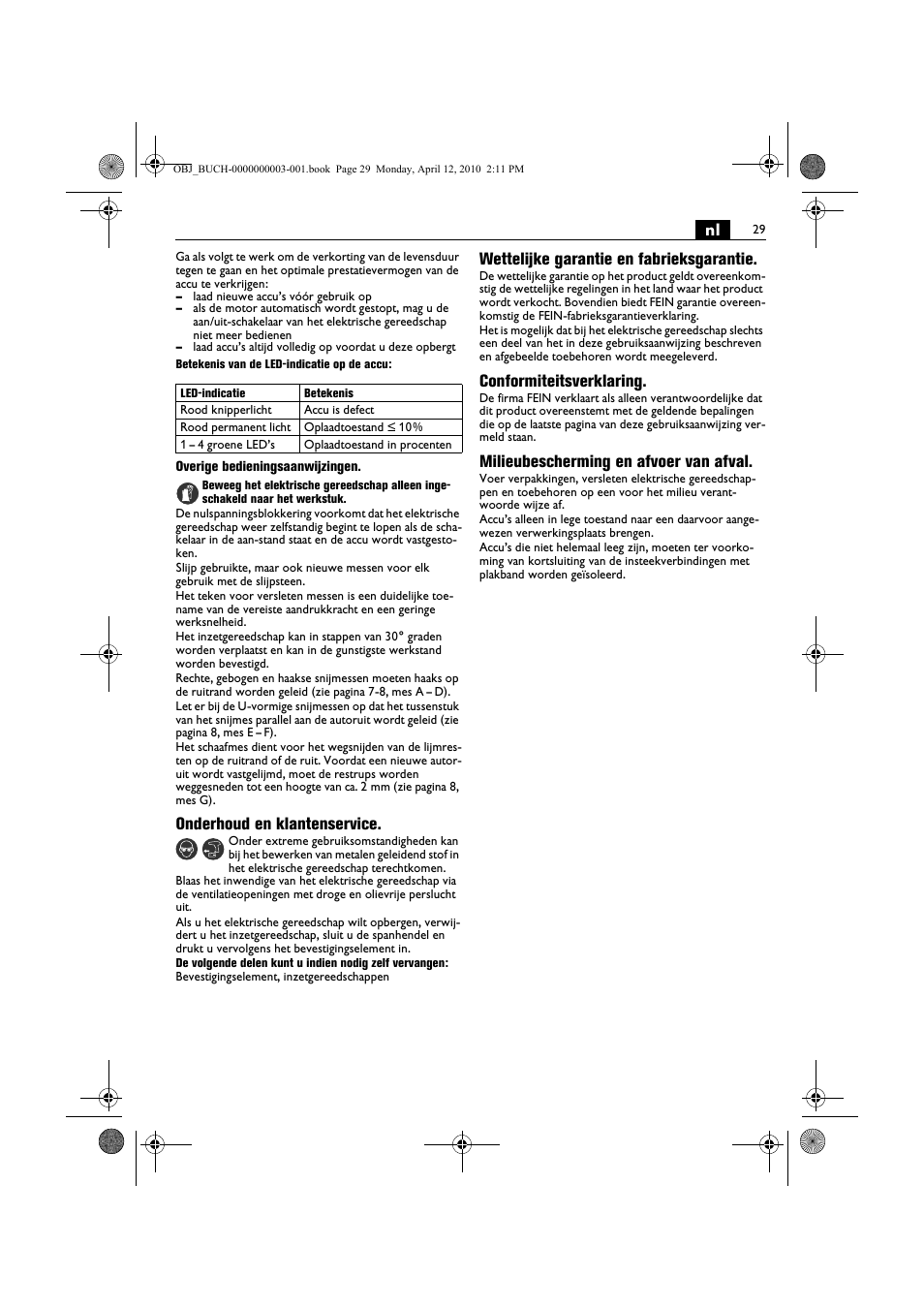 Onderhoud en klantenservice, Wettelijke garantie en fabrieksgarantie, Conformiteitsverklaring | Milieubescherming en afvoer van afval | Fein AFSC 18 User Manual | Page 29 / 148