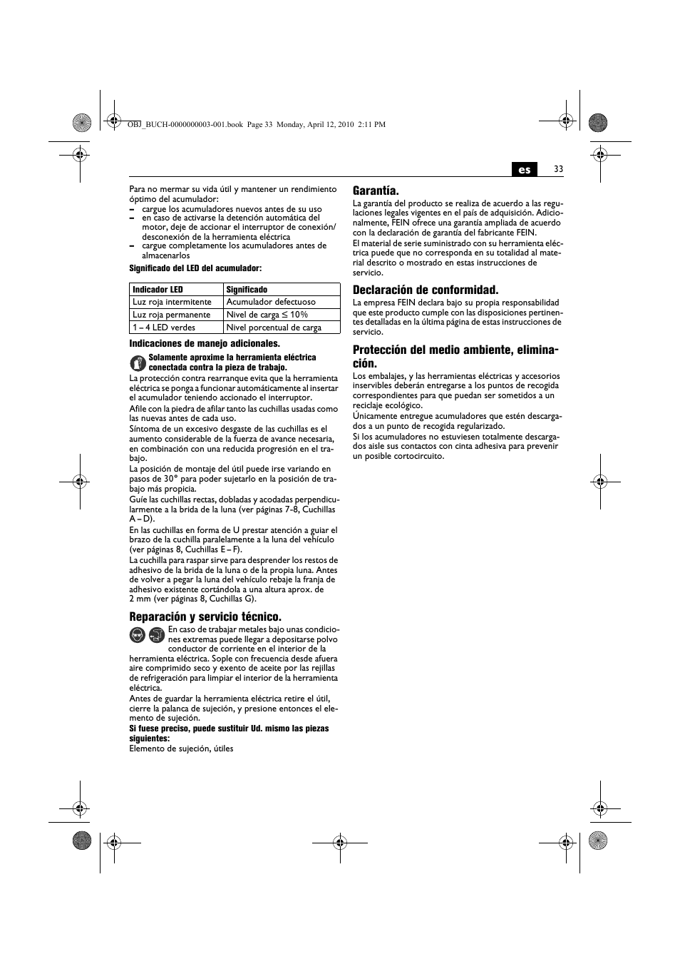 Reparación y servicio técnico, Garantía, Declaración de conformidad | Protección del medio ambiente, elimina- ción | Fein AFSC 18 User Manual | Page 33 / 148