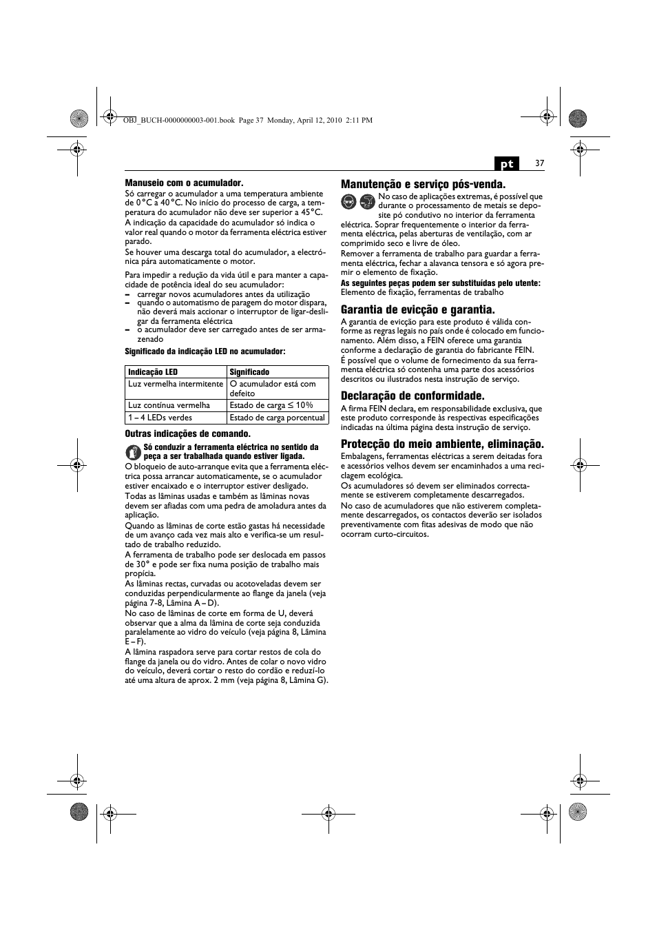 Manutenção e serviço pós-venda, Garantia de evicção e garantia, Declaração de conformidade | Protecção do meio ambiente, eliminação | Fein AFSC 18 User Manual | Page 37 / 148