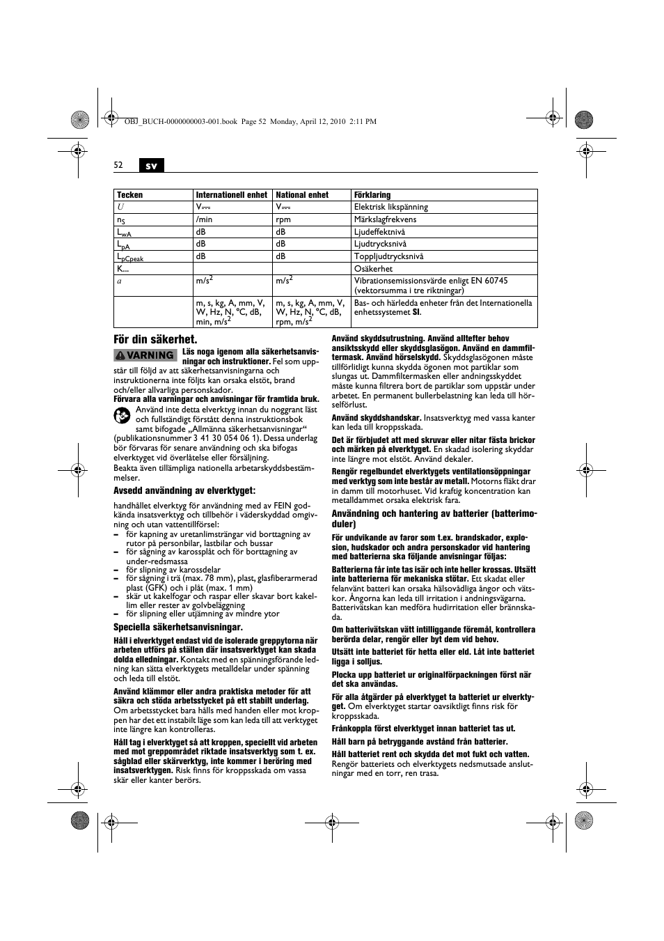 Sv för din säkerhet | Fein AFSC 18 User Manual | Page 52 / 148