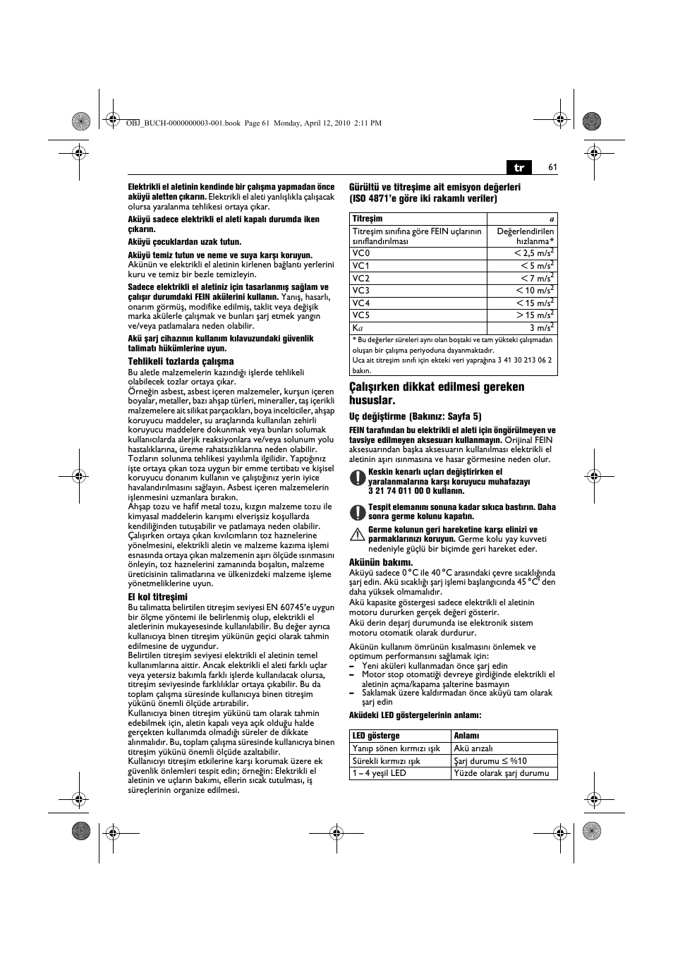 Çalışırken dikkat edilmesi gereken hususlar | Fein AFSC 18 User Manual | Page 61 / 148