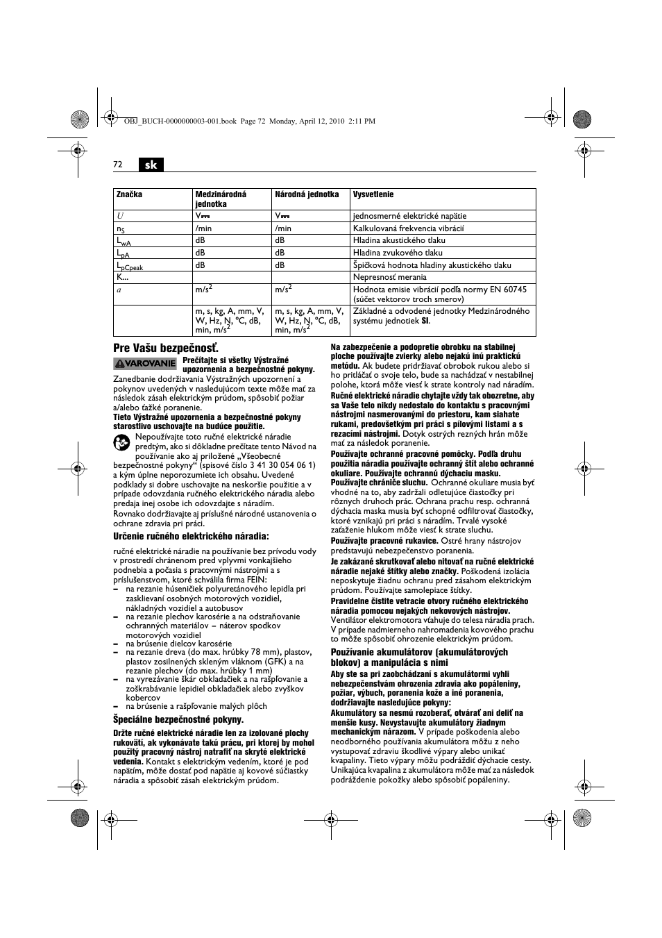 Sk pre vašu bezpečnosť | Fein AFSC 18 User Manual | Page 72 / 148