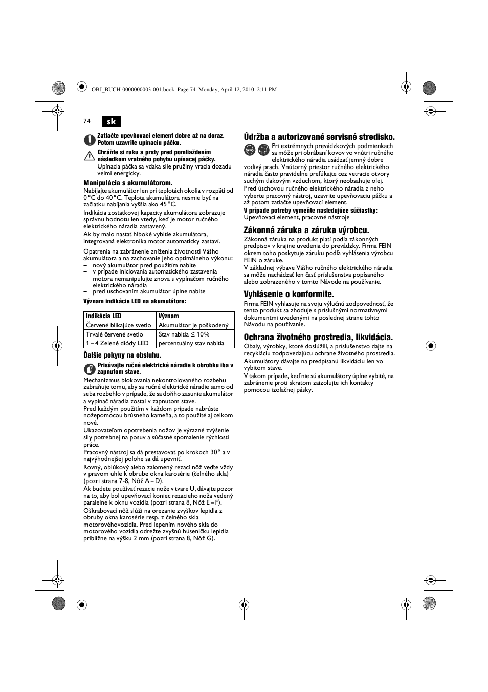 Údržba a autorizované servisné stredisko, Zákonná záruka a záruka výrobcu, Vyhlásenie o konformite | Ochrana životného prostredia, likvidácia | Fein AFSC 18 User Manual | Page 74 / 148