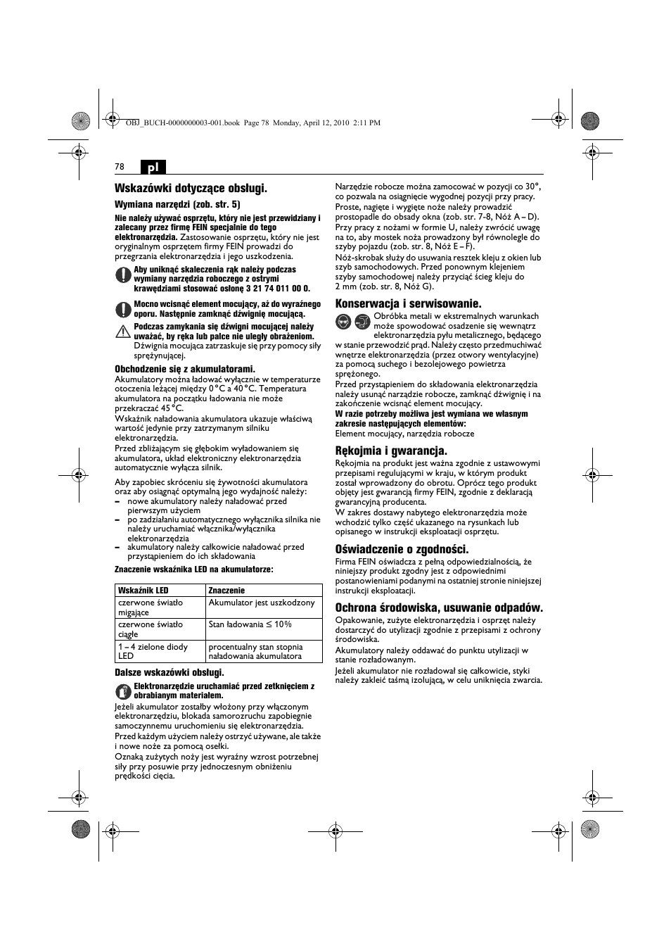 Pl wskazówki dotyczące obsługi, Konserwacja i serwisowanie, Rękojmia i gwarancja | Oświadczenie o zgodności, Ochrona środowiska, usuwanie odpadów | Fein AFSC 18 User Manual | Page 78 / 148