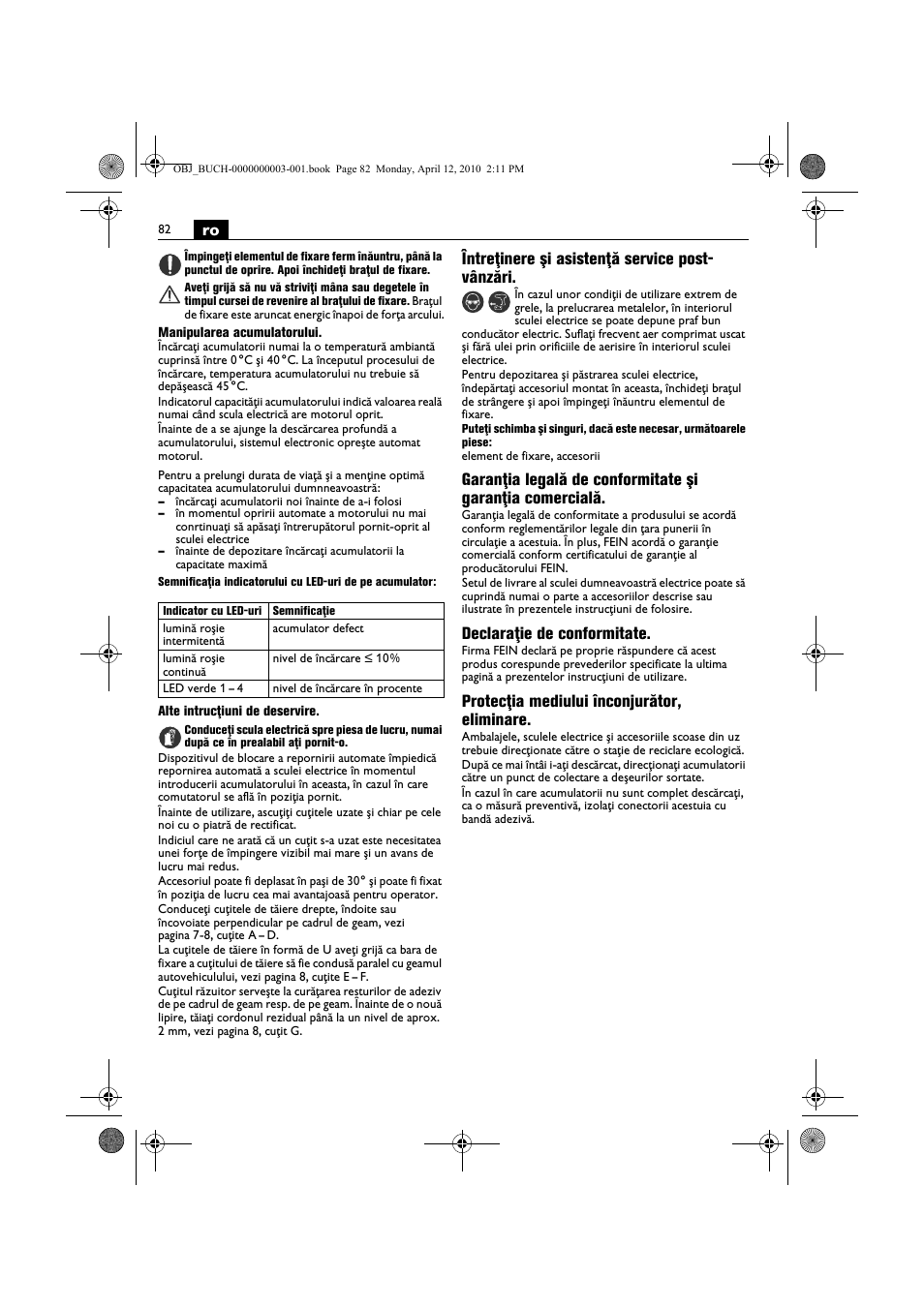 Întreţinere şi asistenţă service post- vânzări, Declaraţie de conformitate, Protecţia mediului înconjurător, eliminare | Fein AFSC 18 User Manual | Page 82 / 148