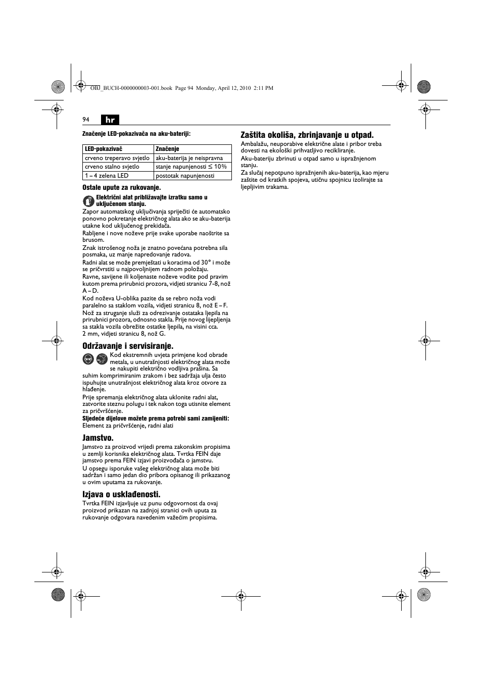 Održavanje i servisiranje, Jamstvo, Izjava o usklađenosti | Zaštita okoliša, zbrinjavanje u otpad | Fein AFSC 18 User Manual | Page 94 / 148