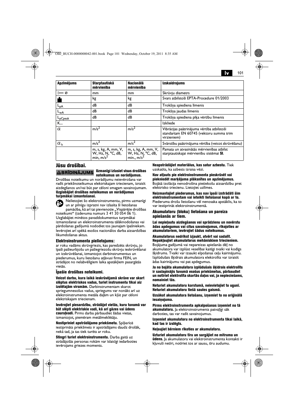 Lv jūsu drošībai | Fein ASCS_6.3 User Manual | Page 101 / 125