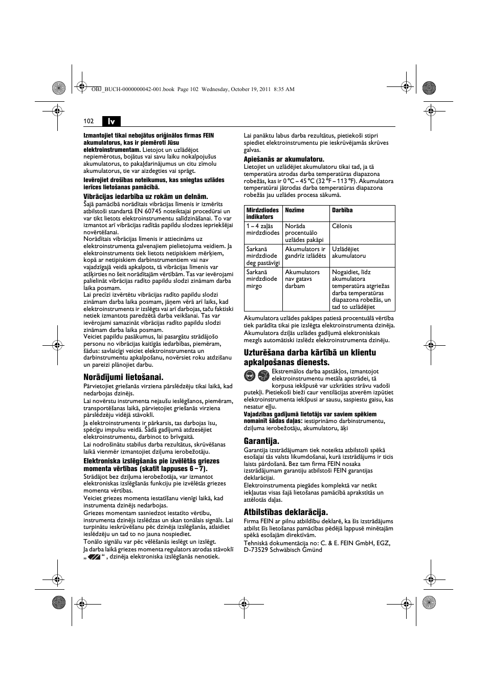 Norādījumi lietošanai, Garantija, Atbilstības deklarācija | Fein ASCS_6.3 User Manual | Page 102 / 125