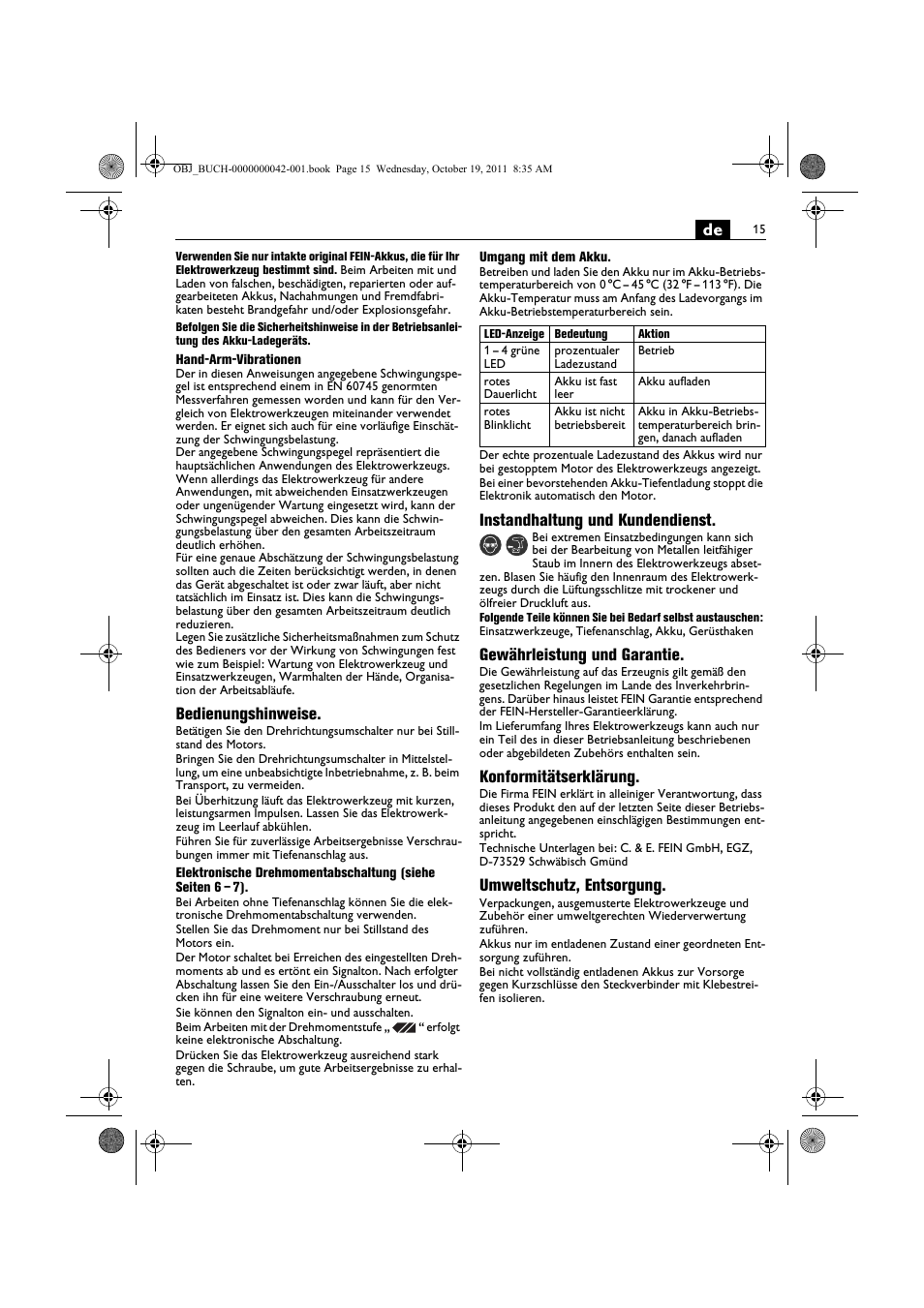 Bedienungshinweise, Instandhaltung und kundendienst, Gewährleistung und garantie | Konformitätserklärung, Umweltschutz, entsorgung | Fein ASCS_6.3 User Manual | Page 15 / 125