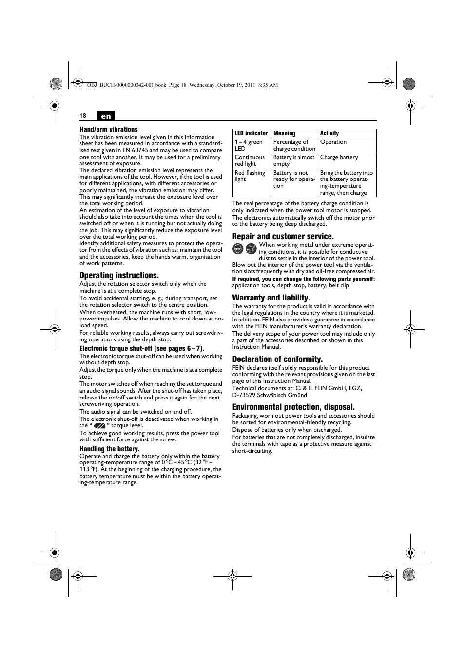 Operating instructions, Repair and customer service, Warranty and liability | Declaration of conformity, Environmental protection, disposal | Fein ASCS_6.3 User Manual | Page 18 / 125