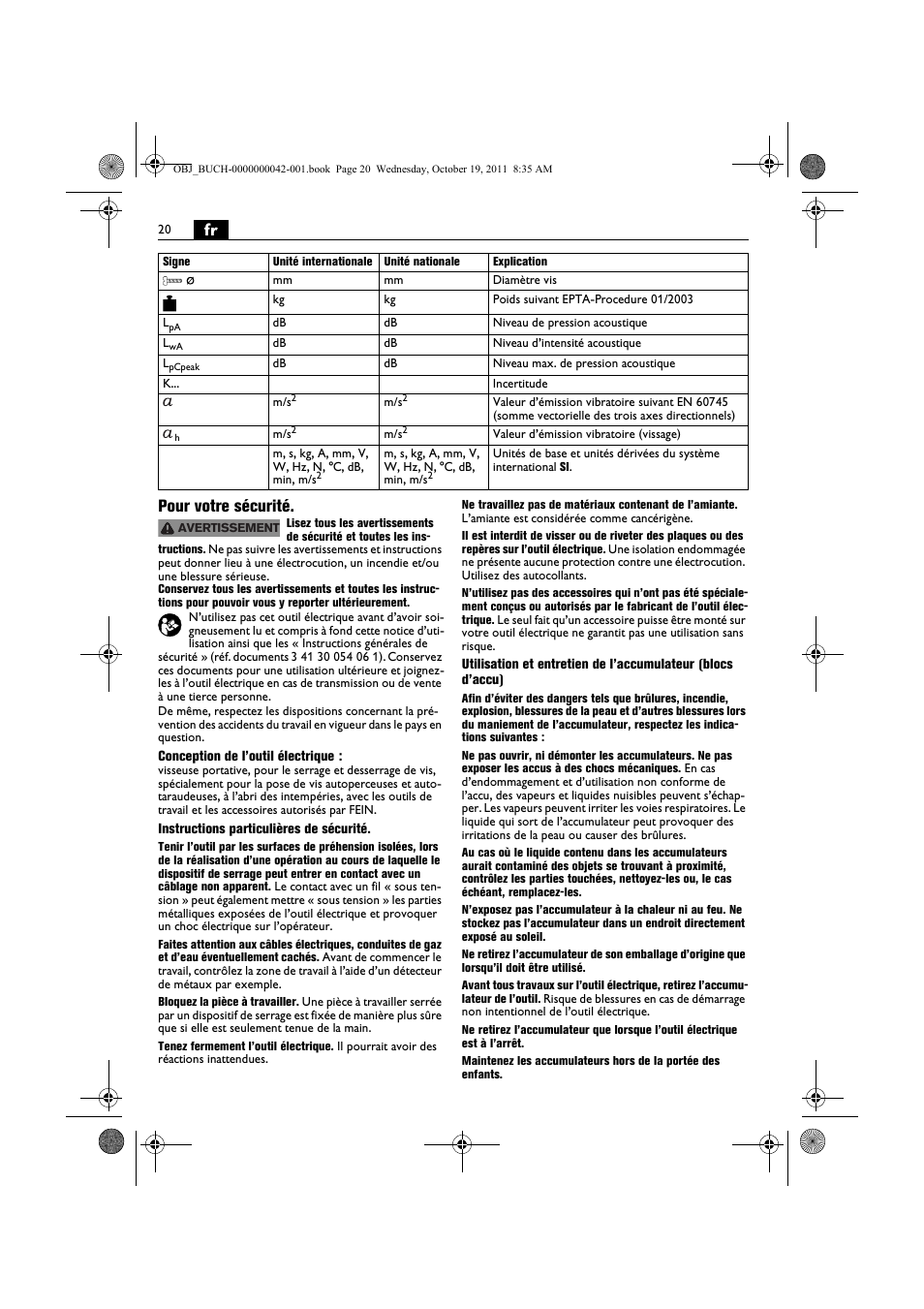 Fr pour votre sécurité | Fein ASCS_6.3 User Manual | Page 20 / 125