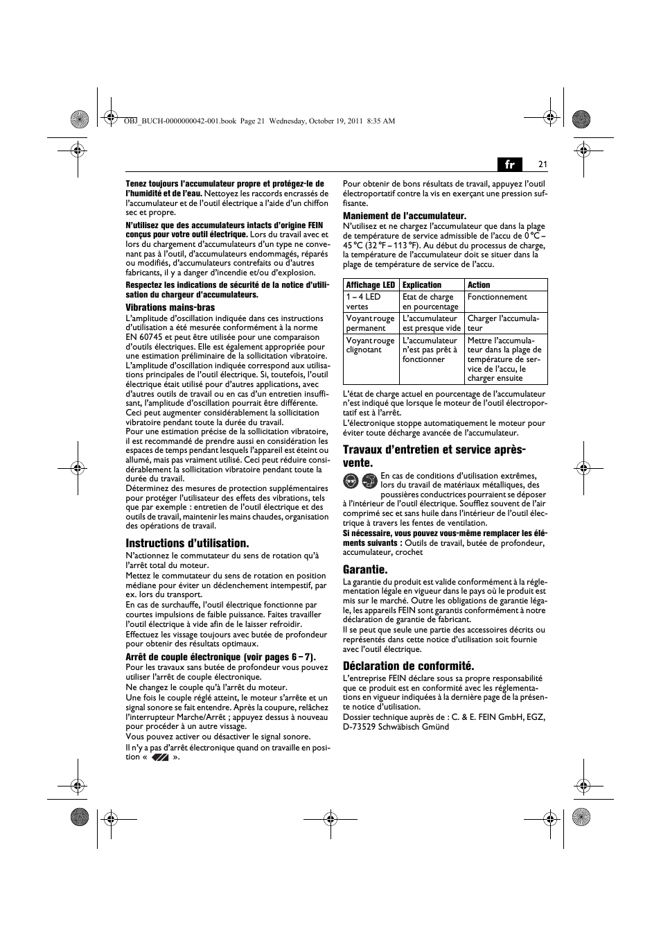 Instructions d’utilisation, Travaux d’entretien et service après- vente, Garantie | Déclaration de conformité | Fein ASCS_6.3 User Manual | Page 21 / 125