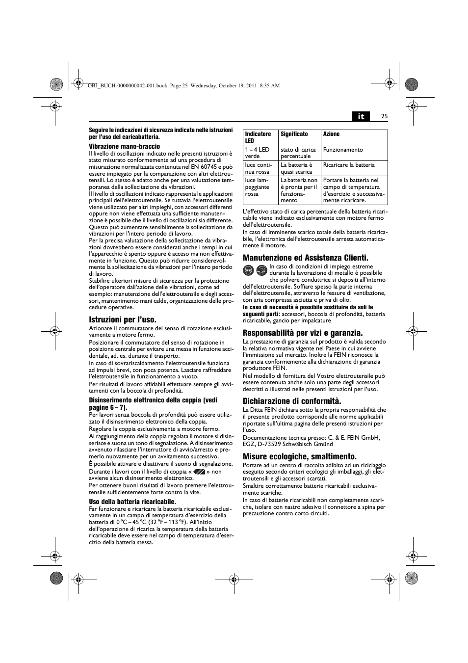 Istruzioni per l’uso, Manutenzione ed assistenza clienti, Responsabilità per vizi e garanzia | Dichiarazione di conformità, Misure ecologiche, smaltimento | Fein ASCS_6.3 User Manual | Page 25 / 125