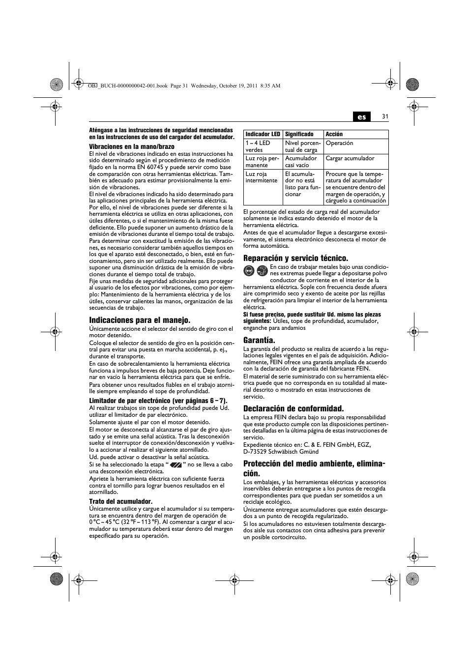 Indicaciones para el manejo, Reparación y servicio técnico, Garantía | Declaración de conformidad, Protección del medio ambiente, elimina- ción | Fein ASCS_6.3 User Manual | Page 31 / 125