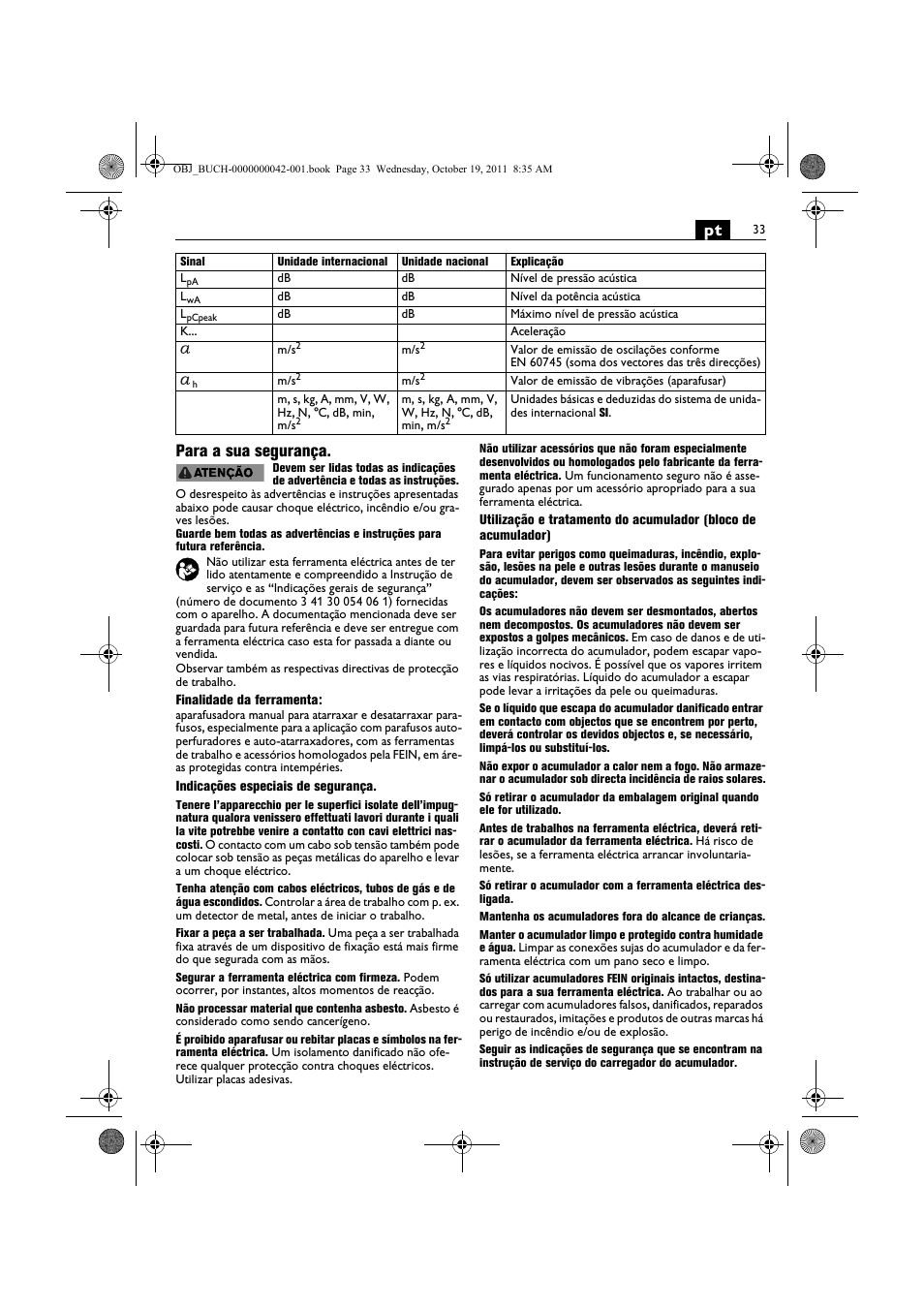 Pt para a sua segurança | Fein ASCS_6.3 User Manual | Page 33 / 125