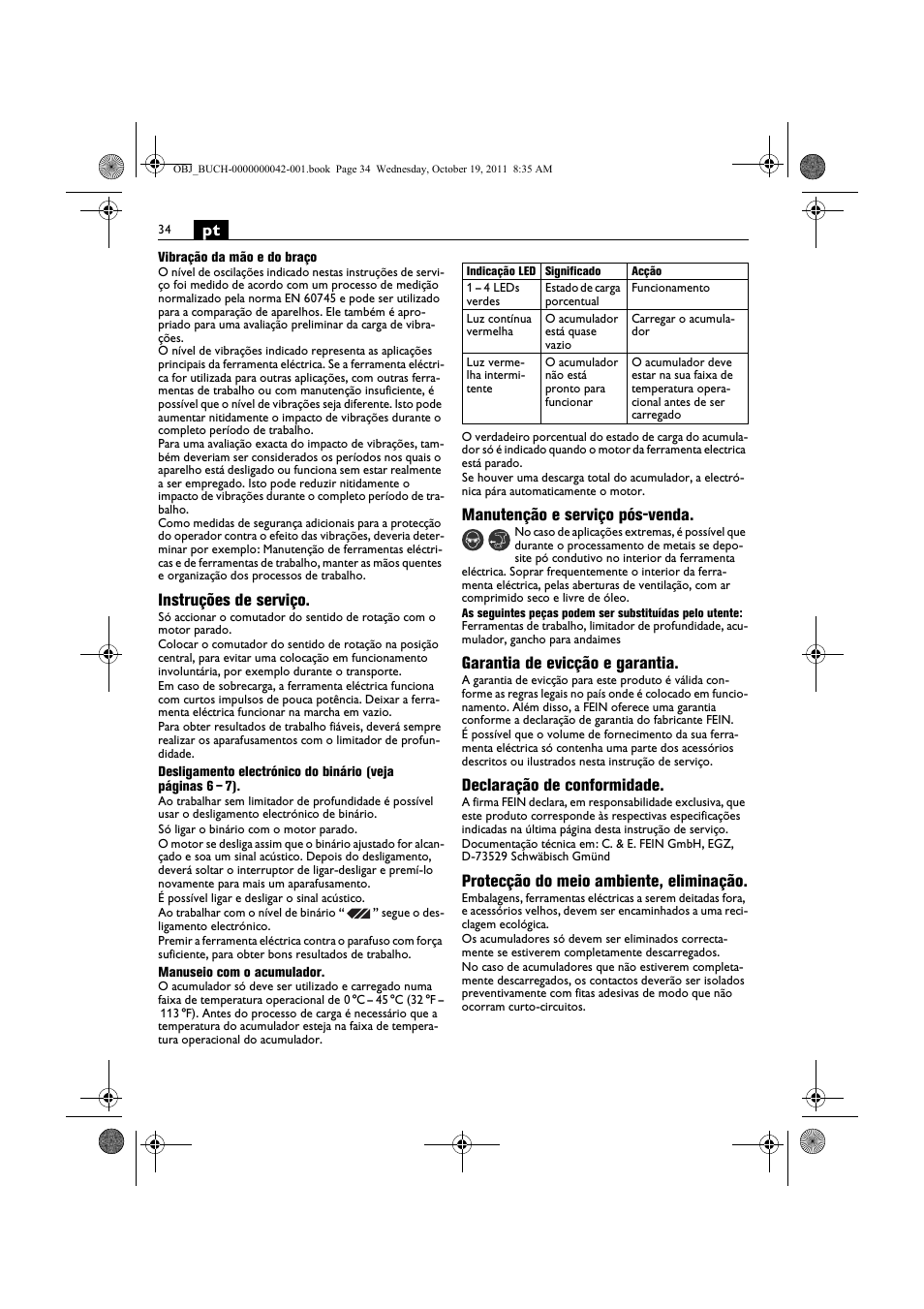 Instruções de serviço, Manutenção e serviço pós-venda, Garantia de evicção e garantia | Declaração de conformidade, Protecção do meio ambiente, eliminação | Fein ASCS_6.3 User Manual | Page 34 / 125