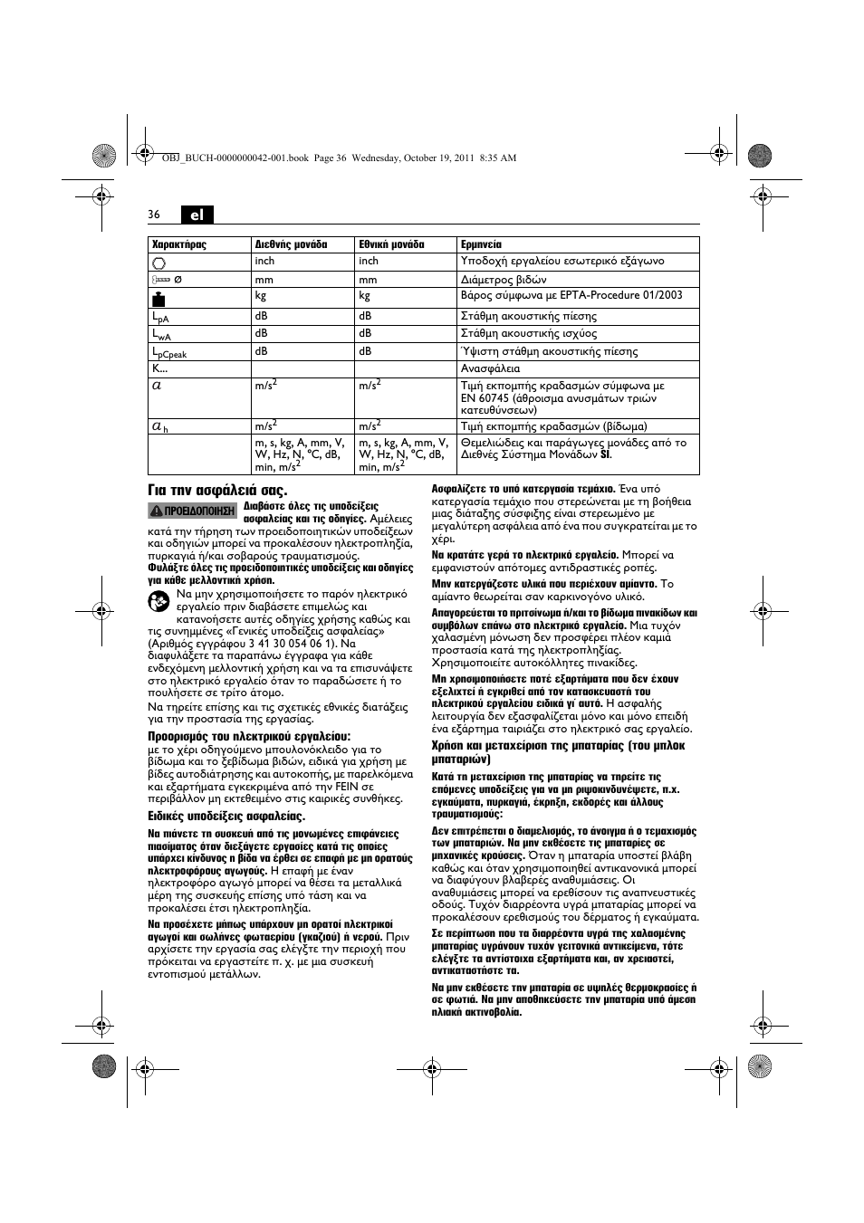 El για την ασφάλειά σας | Fein ASCS_6.3 User Manual | Page 36 / 125