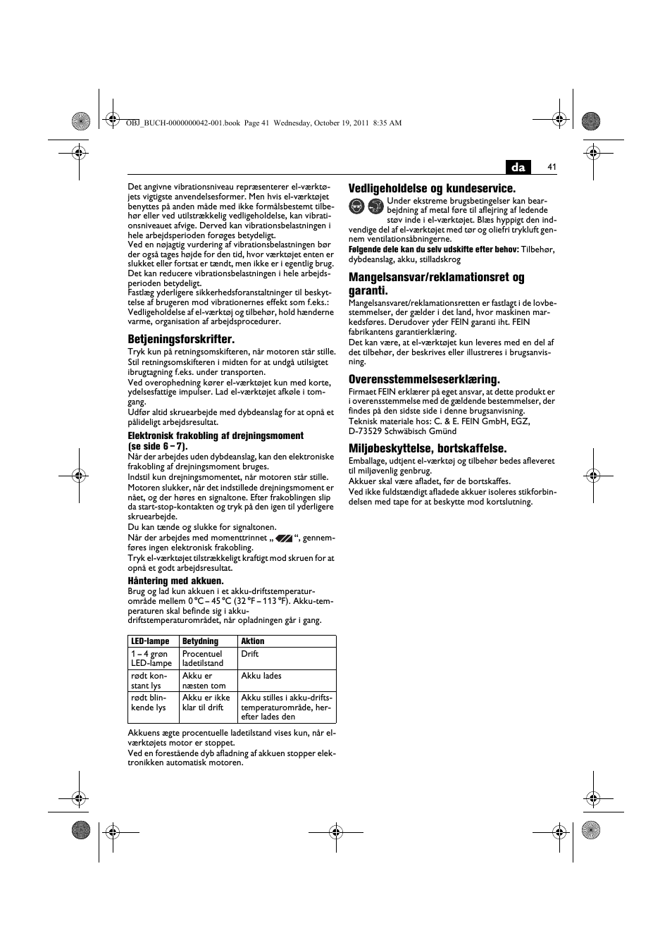 Betjeningsforskrifter, Vedligeholdelse og kundeservice, Mangelsansvar/reklamationsret og garanti | Overensstemmelseserklæring, Miljøbeskyttelse, bortskaffelse | Fein ASCS_6.3 User Manual | Page 41 / 125