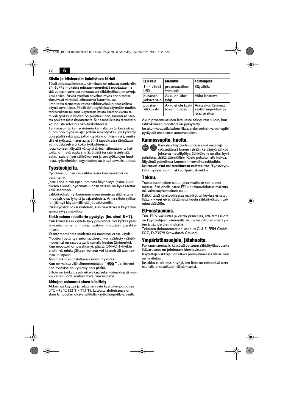 Työstöohjeita, Kunnossapito, huolto, Takuu | Eu-vastaavuus, Ympäristönsuojelu, jätehuolto | Fein ASCS_6.3 User Manual | Page 50 / 125