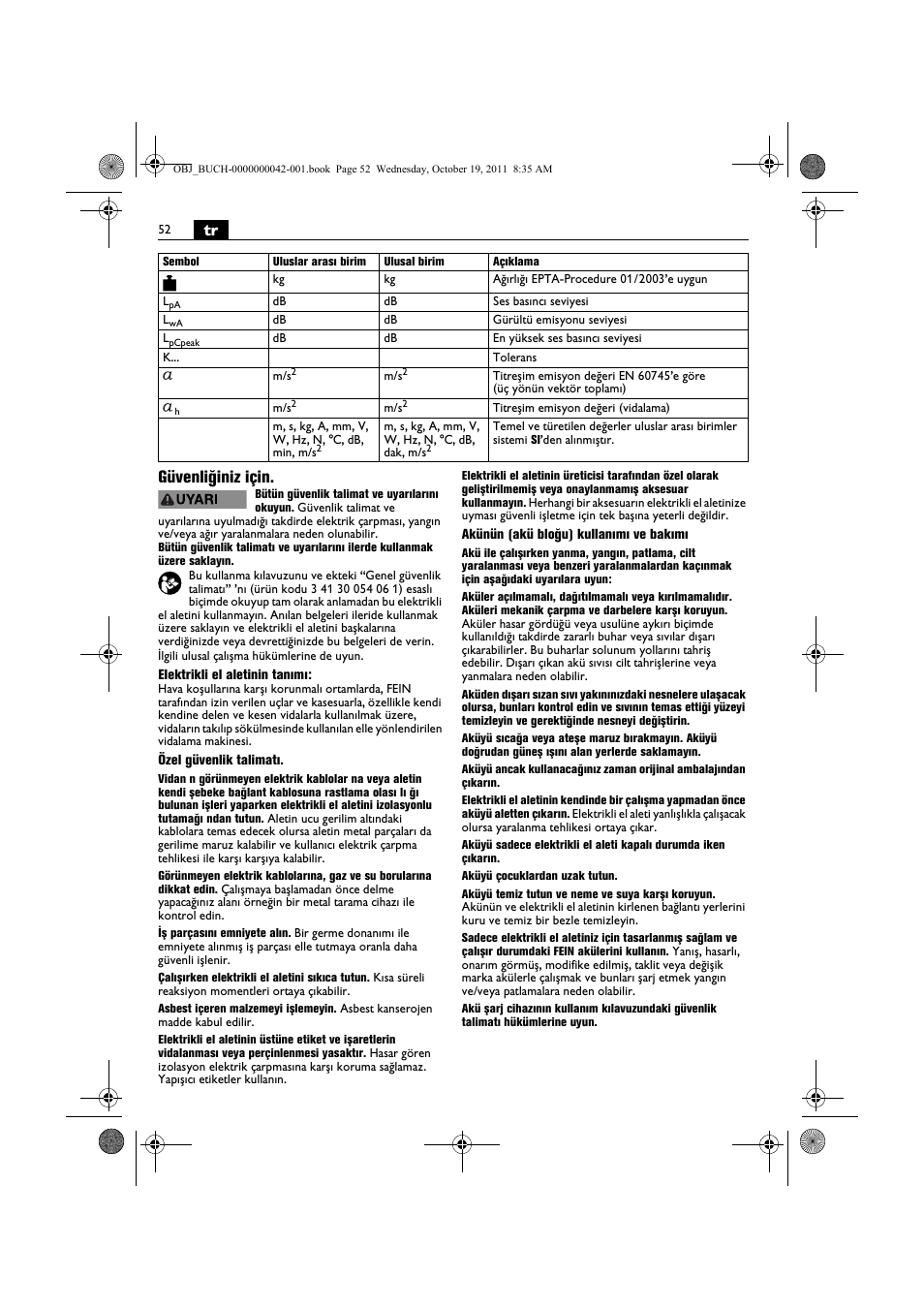 Tr güvenliğiniz için | Fein ASCS_6.3 User Manual | Page 52 / 125