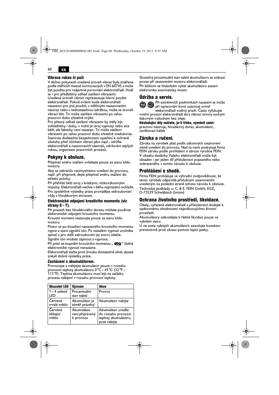 Pokyny k obsluze, Údržba a servis, Záruka a ručení | Prohlášení o shodě, Ochrana životního prostředí, likvidace | Fein ASCS_6.3 User Manual | Page 60 / 125