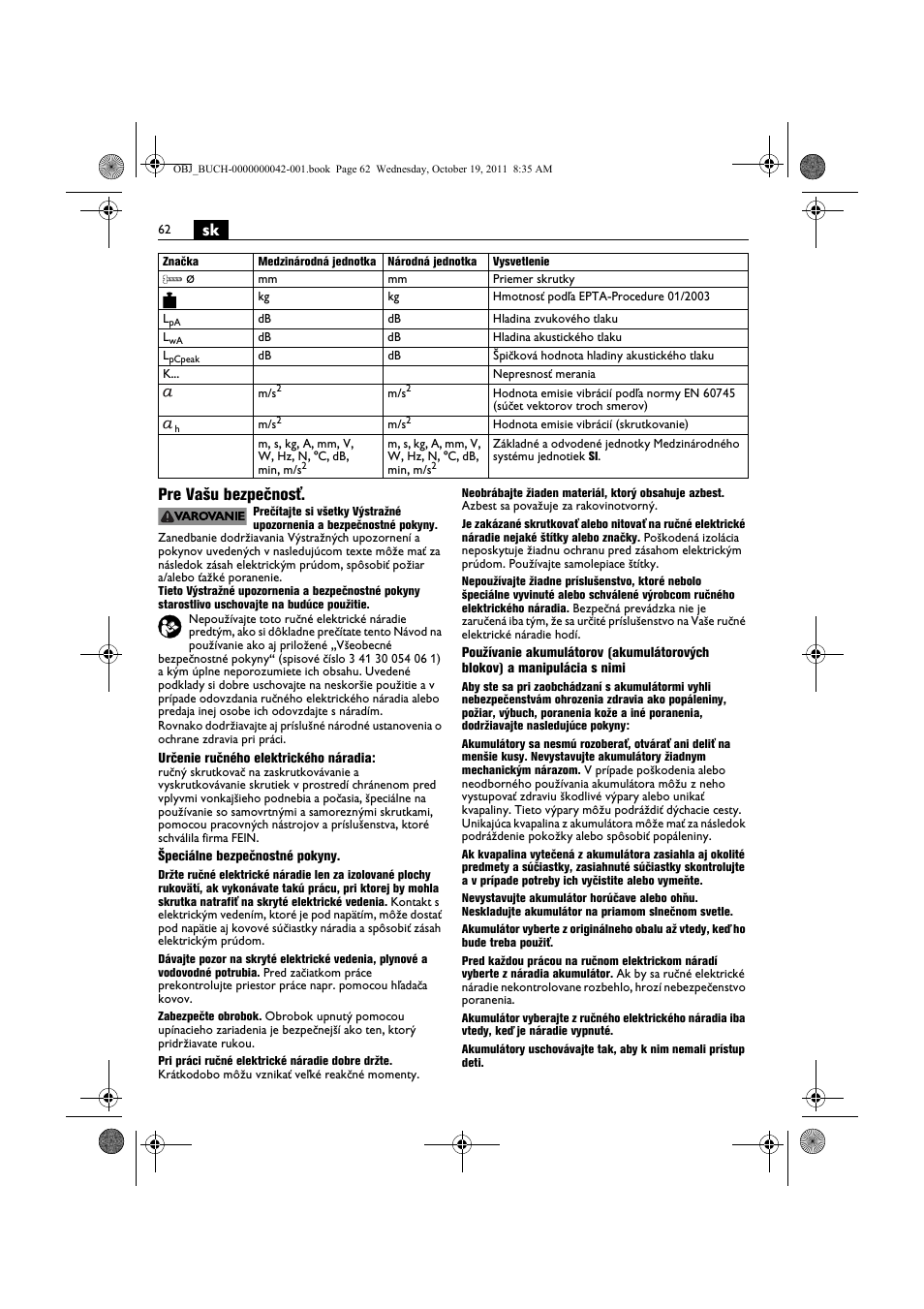 Sk pre vašu bezpečnosť | Fein ASCS_6.3 User Manual | Page 62 / 125