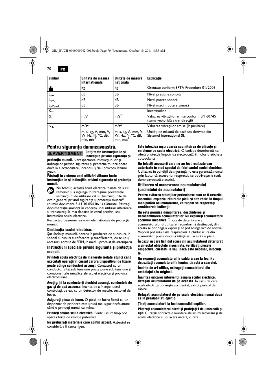Ro pentru siguranţa dumneavoastră | Fein ASCS_6.3 User Manual | Page 70 / 125