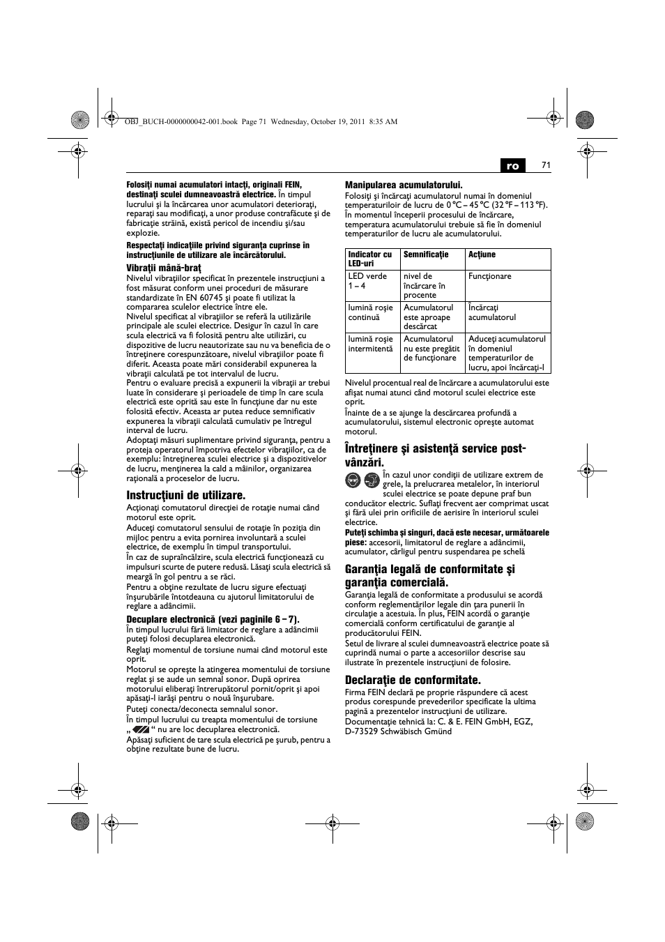 Instrucţiuni de utilizare, Întreţinere şi asistenţă service post- vânzări, Declaraţie de conformitate | Fein ASCS_6.3 User Manual | Page 71 / 125