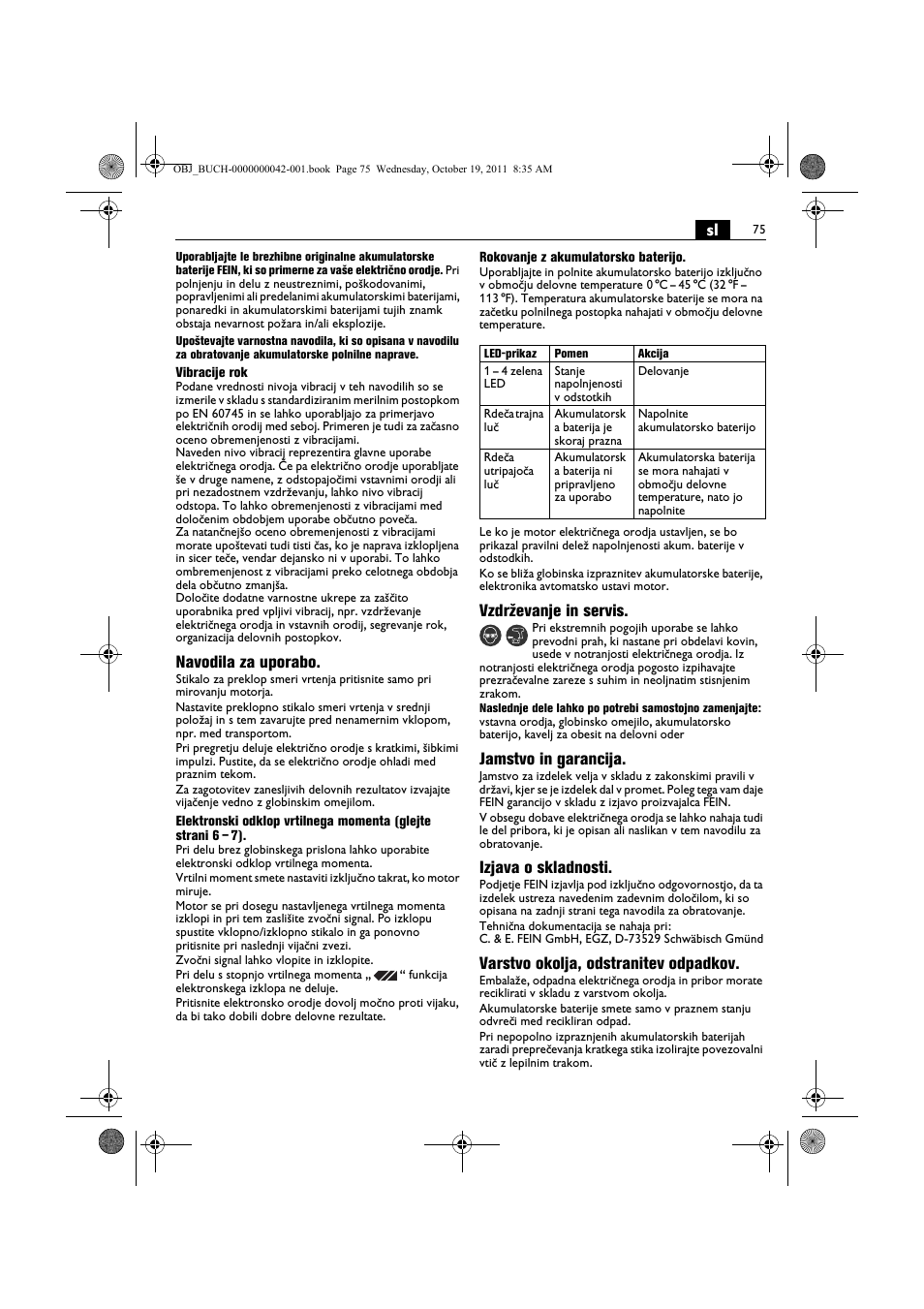 Navodila za uporabo, Vzdrževanje in servis, Jamstvo in garancija | Izjava o skladnosti, Varstvo okolja, odstranitev odpadkov | Fein ASCS_6.3 User Manual | Page 75 / 125