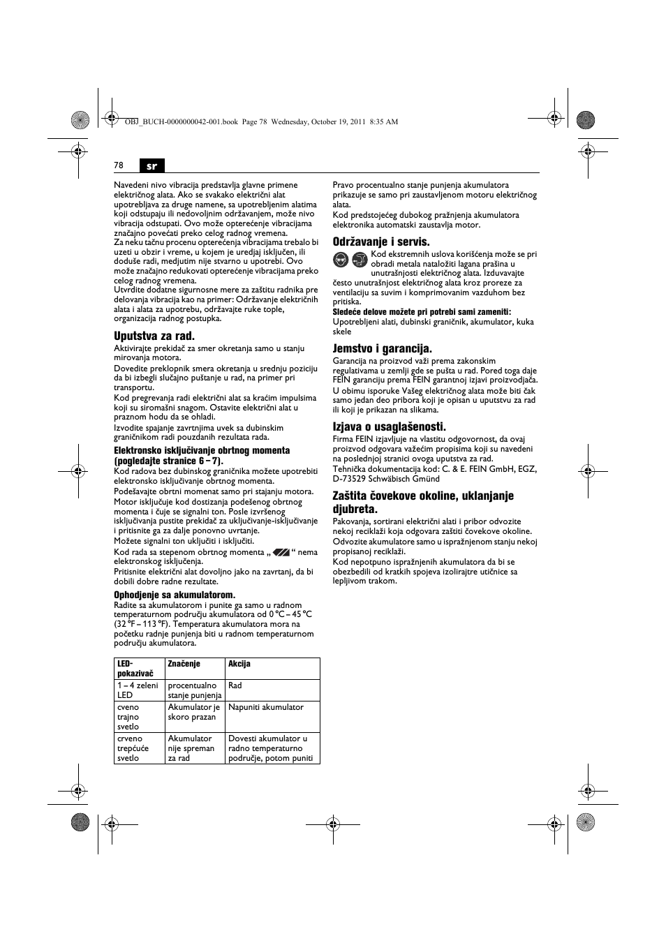 Uputstva za rad, Održavanje i servis, Jemstvo i garancija | Izjava o usaglašenosti, Zaštita čovekove okoline, uklanjanje djubreta | Fein ASCS_6.3 User Manual | Page 78 / 125