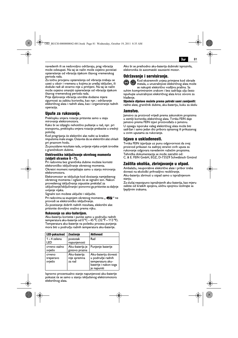 Upute za rukovanje, Održavanje i servisiranje, Jamstvo | Izjava o usklađenosti, Zaštita okoliša, zbrinjavanje u otpad | Fein ASCS_6.3 User Manual | Page 81 / 125