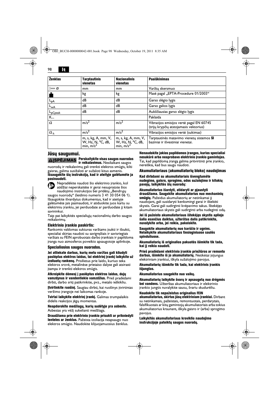 Lt jūsų saugumui | Fein ASCS_6.3 User Manual | Page 98 / 125