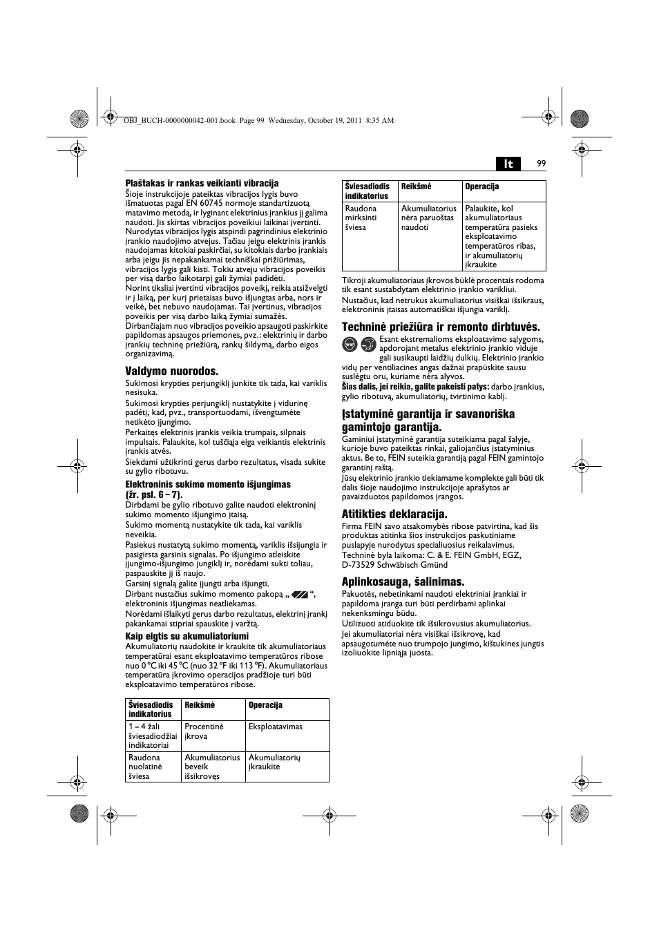 Valdymo nuorodos, Techninė priežiūra ir remonto dirbtuvės, Atitikties deklaracija | Aplinkosauga, šalinimas | Fein ASCS_6.3 User Manual | Page 99 / 125