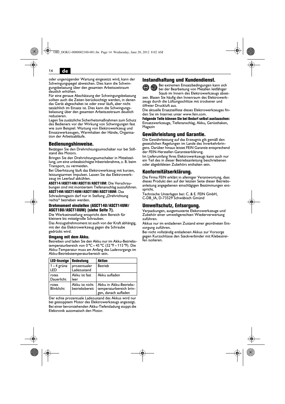 Bedienungshinweise, Instandhaltung und kundendienst, Gewährleistung und garantie | Konformitätserklärung, Umweltschutz, entsorgung | Fein ASCT18M User Manual | Page 14 / 118