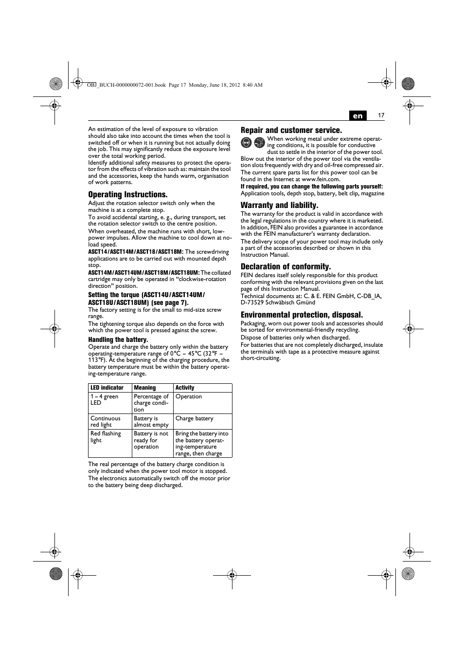 Operating instructions, Repair and customer service, Warranty and liability | Declaration of conformity, Environmental protection, disposal | Fein ASCT18M User Manual | Page 17 / 118